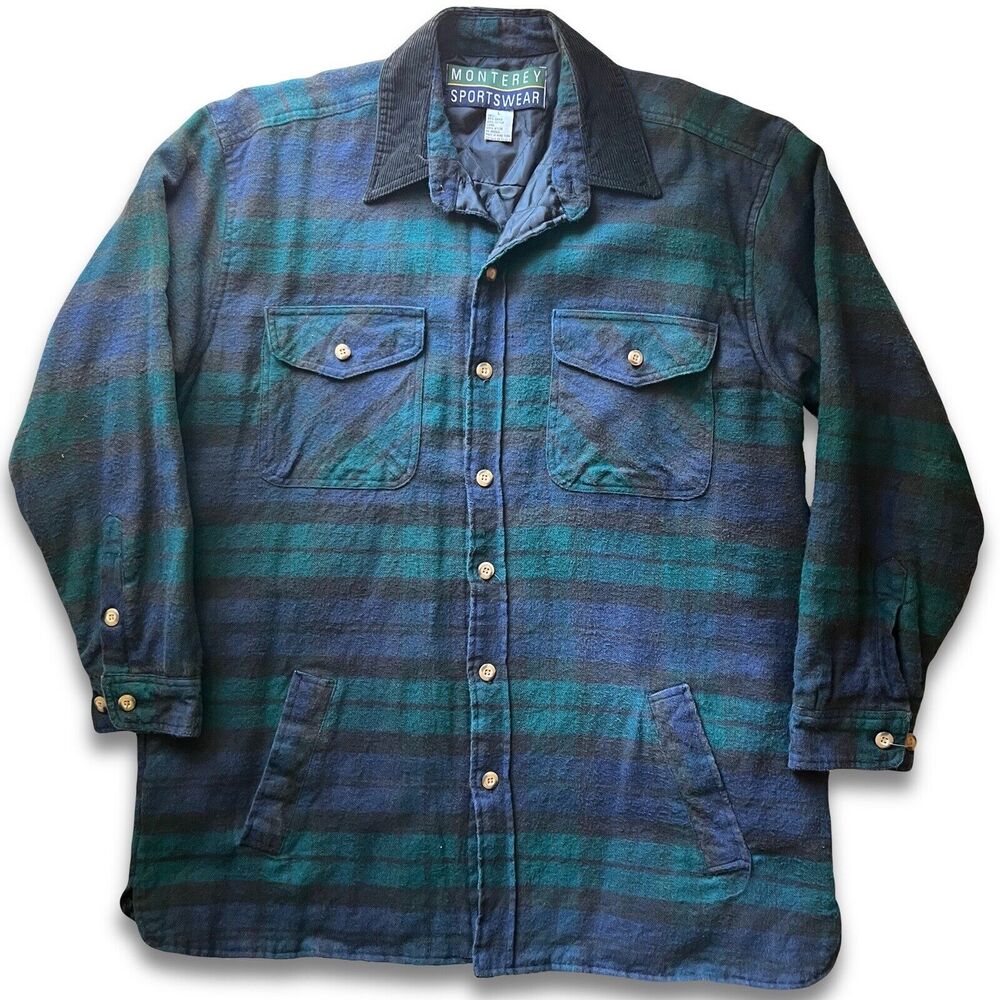Monterey Sportswear Plaid Quilted Flannel Jacket Mens Large Blue Pockets Vintage